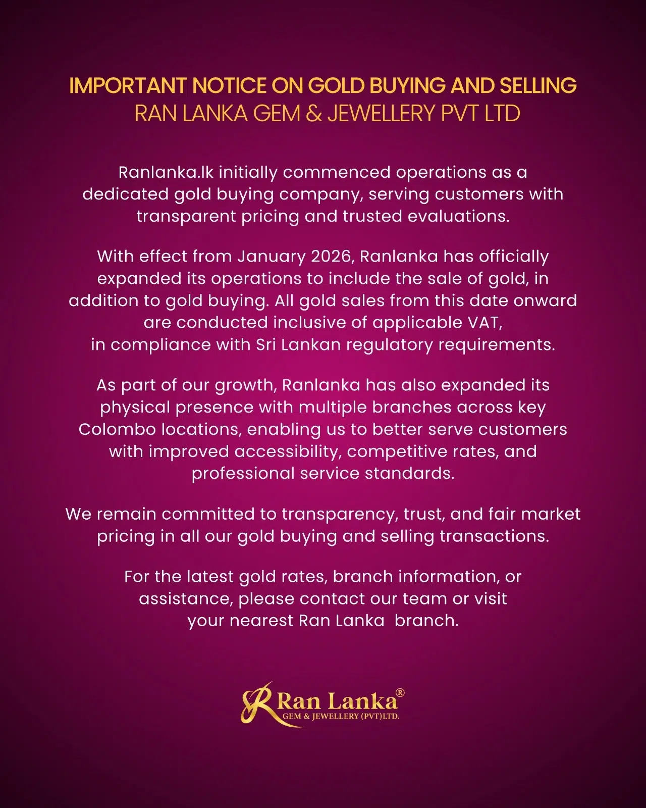 Important Notice on Gold Buying and Selling - Ran Lanka Gem and Jewellery