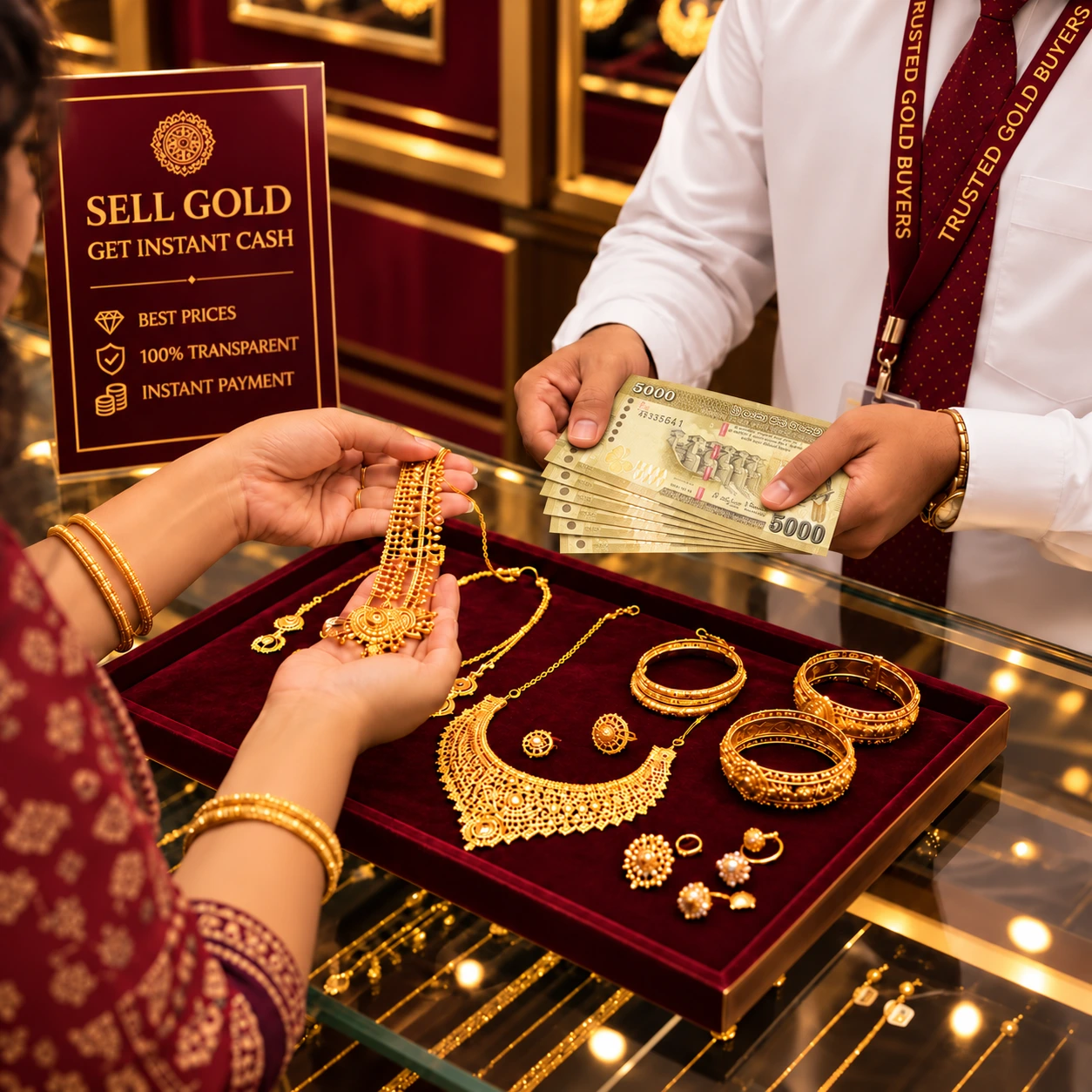 Customer receiving cash for gold jewellery at Ran Lanka