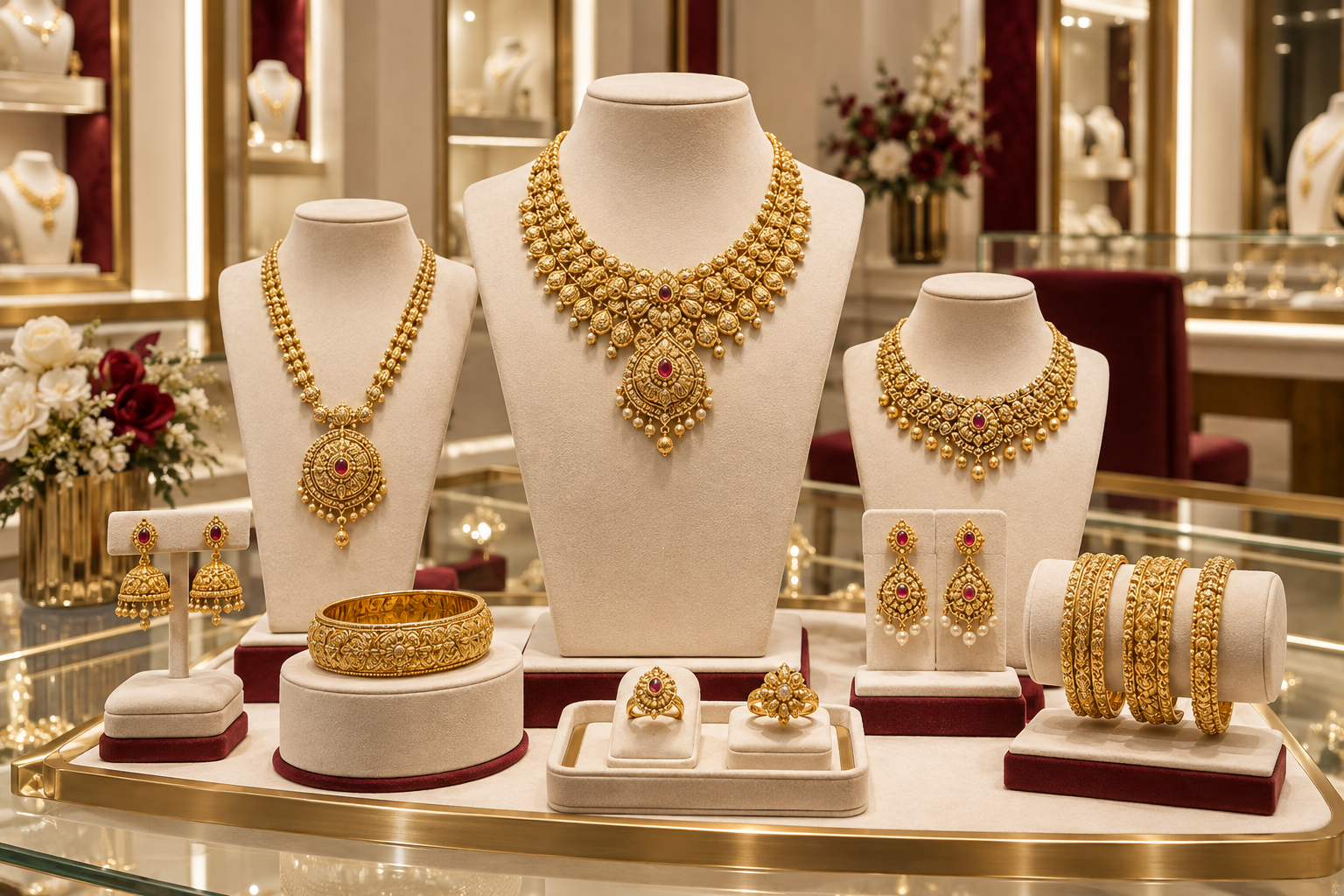 Gold jewellery on display