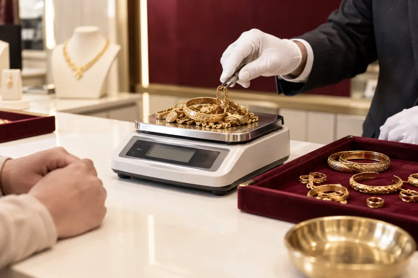 Gold jewellery being weighed on a professional scale