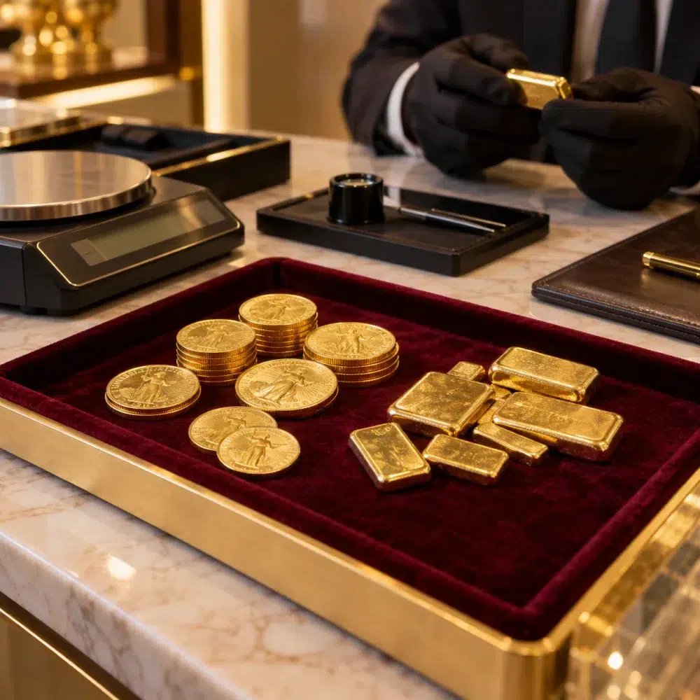 Gold coins and bars displayed for valuation