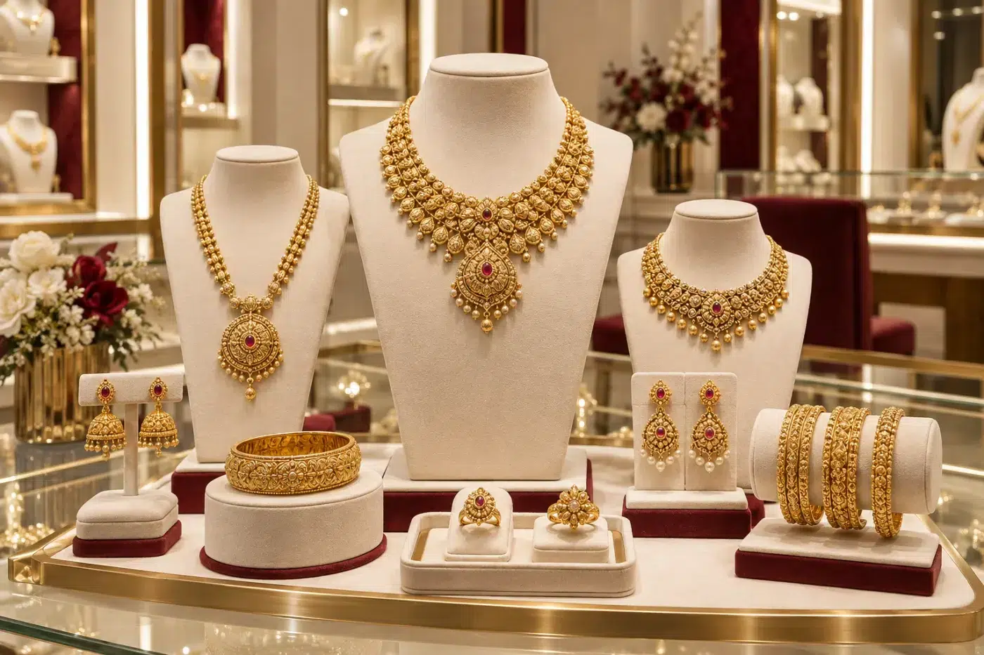 Gold necklaces and bangles displayed professionally