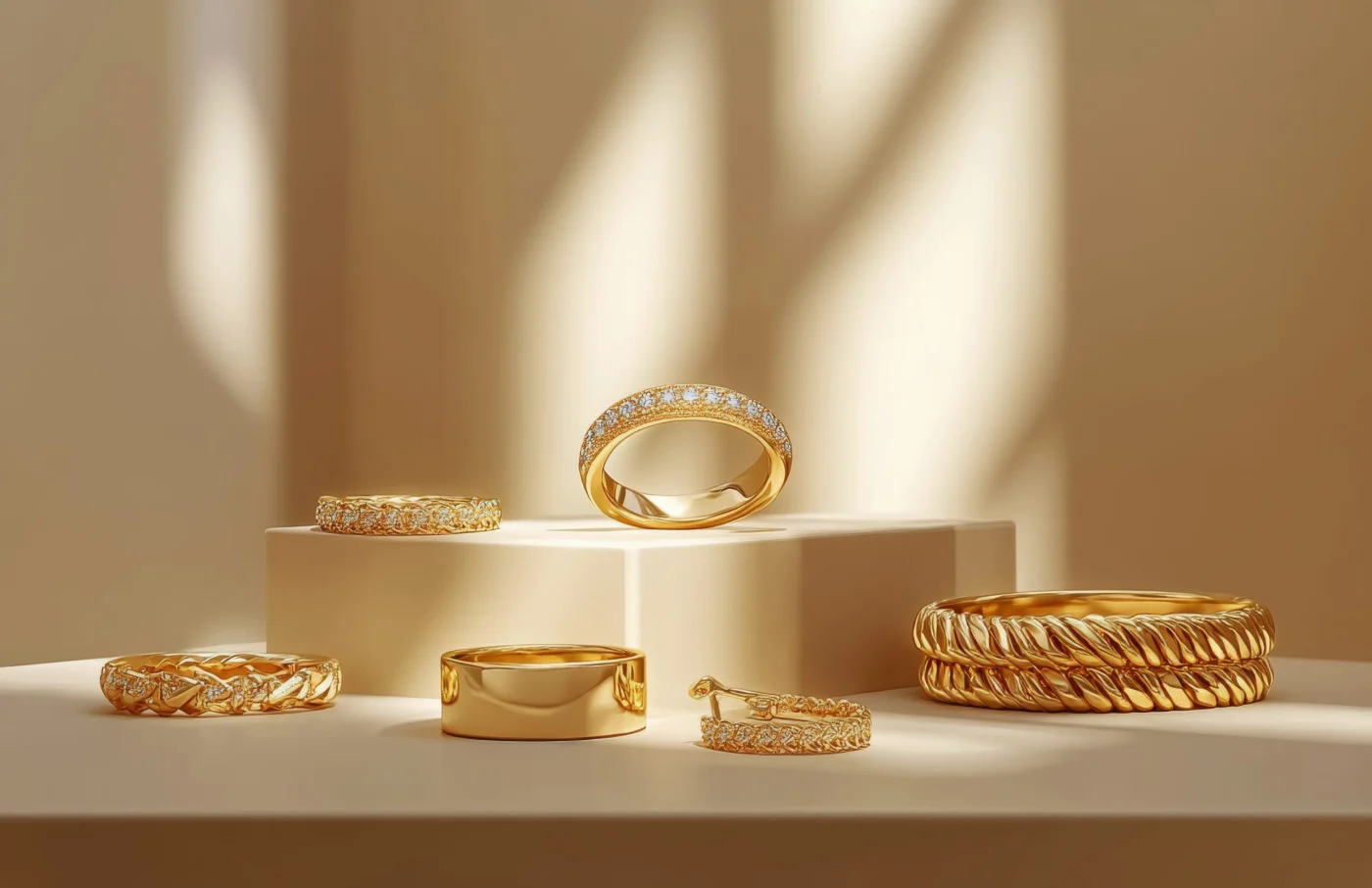 Elegant gold rings and chain displayed on a soft surface